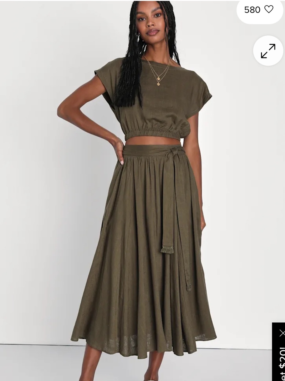 Lulu's Olive Green Midi Skirt with Waist Tie & Top